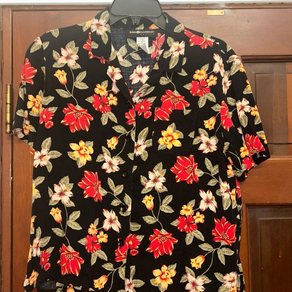 Sag Harbor Black Shirt with Red and Yellow Floral Design